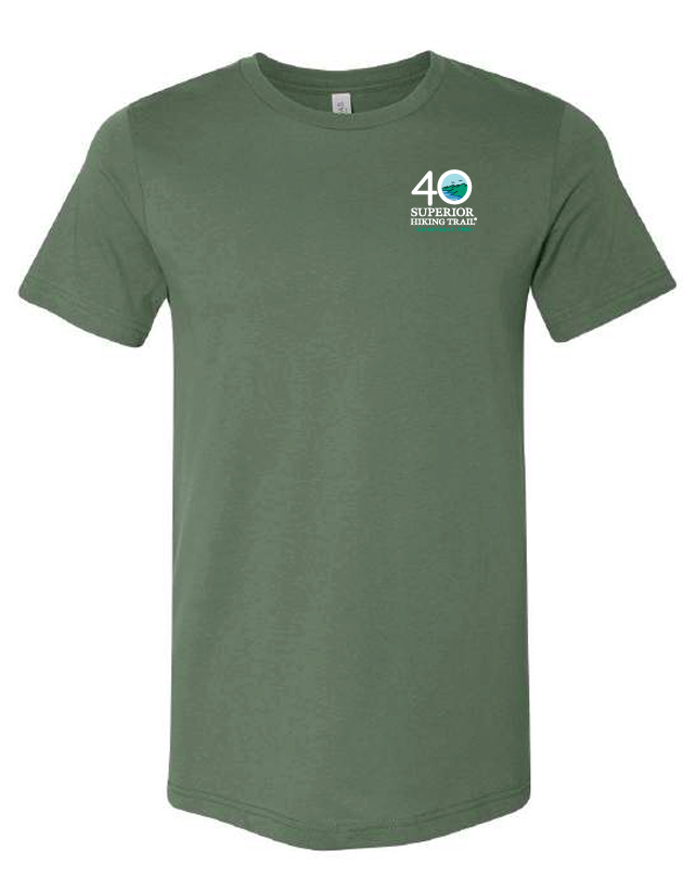 Superior Hiking Trail 40th Anniversary Unisex T-Shirt in Pine, Clay, Deep Teal, and Heather Storm