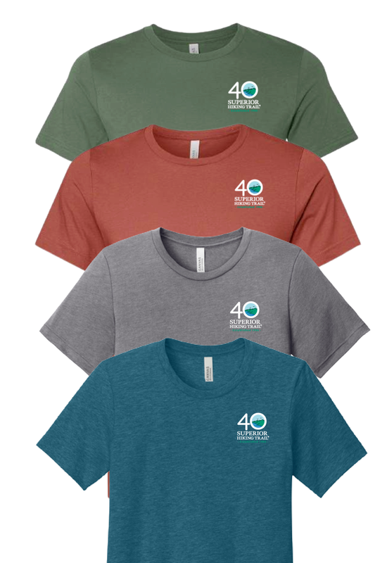 Superior Hiking Trail 40th Anniversary Unisex T-Shirt in Pine, Clay, Deep Teal, and Heather Storm